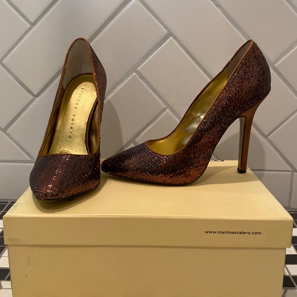 Martinez Valero Zeta bronze sequin 4 inch high heels